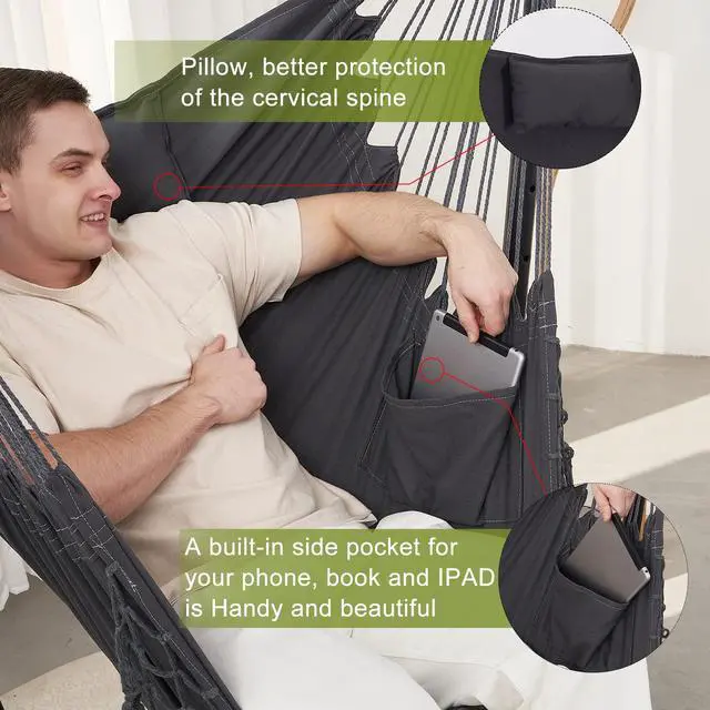 Alt view image 6 of 7 - Hammock with Stand Phone Holder Included Double Hanging Chair Macrame Boho Handmade Adjustable Swing Indoor Outdoor Patio Yard Garden Porch 400lbs Capacity (2022 Grey)