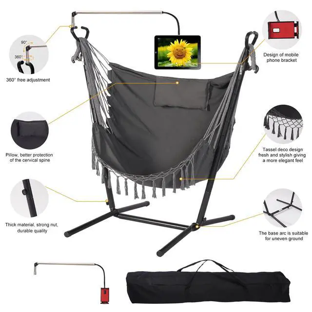 Alt view image 7 of 7 - Hammock with Stand Phone Holder Included Double Hanging Chair Macrame Boho Handmade Adjustable Swing Indoor Outdoor Patio Yard Garden Porch 400lbs Capacity (2022 Grey)