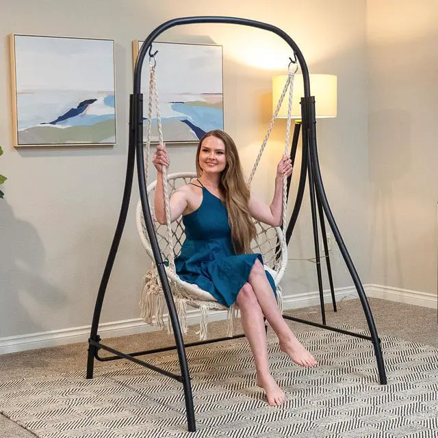 Alt view image 3 of 7 - SUNCREAT Indoor Hammock Swing Chair with Stand, Hanging Chair Outdoor with Stand, 400 lbs Capacity, Beige