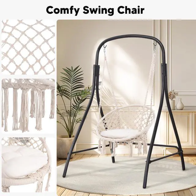 Alt view image 4 of 7 - SUNCREAT Indoor Hammock Swing Chair with Stand, Hanging Chair Outdoor with Stand, 400 lbs Capacity, Beige