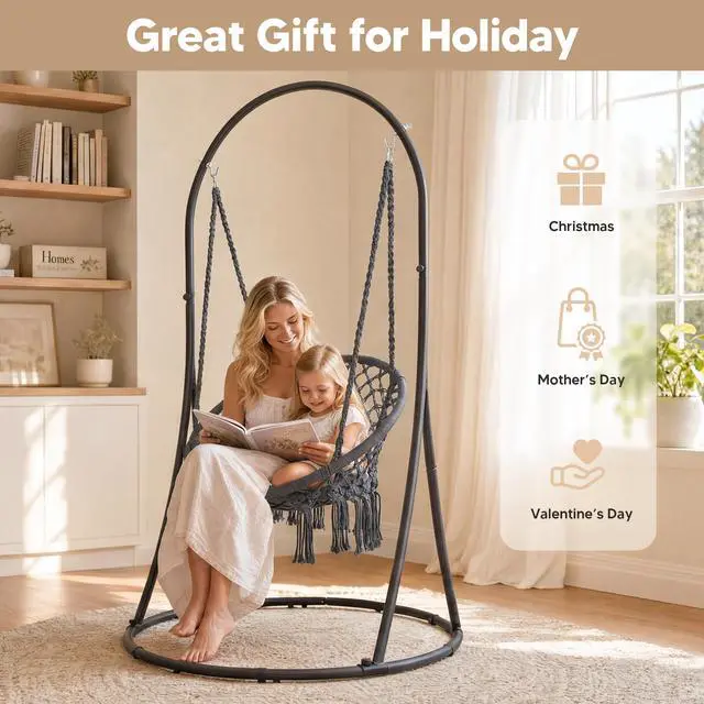 Alt view image 6 of 7 - SUNCREAT Indoor Hammock Swing Chair with Stand, Hanging Chair Outdoor with Stand, 330 lbs Capacity, Patented, Grey