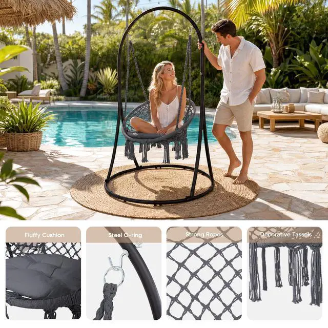 Alt view image 2 of 7 - SUNCREAT Indoor Hammock Swing Chair with Stand, Hanging Chair Outdoor with Stand, 330 lbs Capacity, Patented, Grey