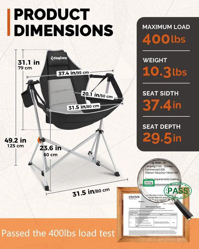Alt view image 2 of 7 - KingCamp Hammock Camping Chair, Swinging Portable Camp Chairs for Adults, 400lbs Heavy Duty Oversized Folding Rocking Chair with Adjustable Recline, Aluminum Alloy Frame for Outdoor Patio Beach Sport