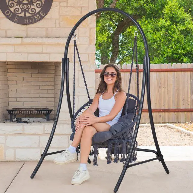 Alt view image 2 of 7 - ANOW Hanging Swing Chair with Stand Included, Heavy Duty Hammock Chair with Stand and Removable Padded Cushion, Max 400 Lbs, Dark Grey