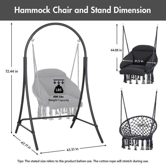 Alt view image 6 of 7 - ANOW Hanging Swing Chair with Stand Included, Heavy Duty Hammock Chair with Stand and Removable Padded Cushion, Max 400 Lbs, Dark Grey
