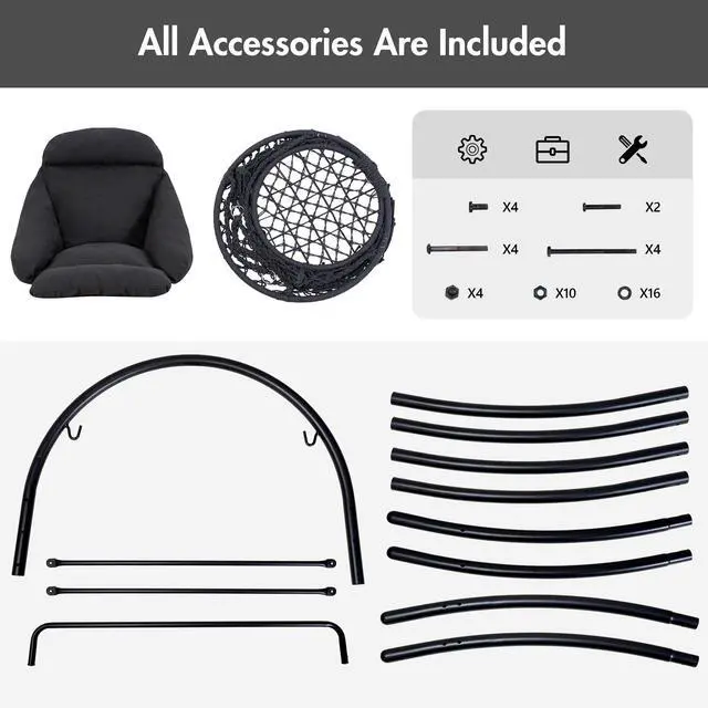 Alt view image 7 of 7 - ANOW Hanging Swing Chair with Stand Included, Heavy Duty Hammock Chair with Stand and Removable Padded Cushion, Max 400 Lbs, Dark Grey