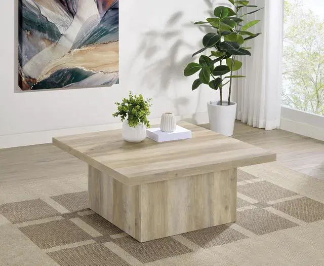 Alt view image 2 of 7 - Coaster Home Furnishings - Devar - Wood - Square Coffee Table with Pedestal Base, Geometric Design and Transitional Style - Living Room - Distressed Pine - 710878