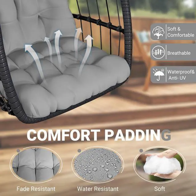 Alt view image 2 of 6 - LEVELEVE Egg Chair with Stand,Patio Rattan Wicker Hanging Swing Egg Chair Hammock Chair for Bedroom Porch Garden,Thickened Aluminum Alloy Steel Frame and UV Resistant Cushion,350LBS Capacity
