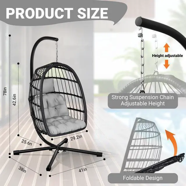 Alt view image 4 of 6 - LEVELEVE Egg Chair with Stand,Patio Rattan Wicker Hanging Swing Egg Chair Hammock Chair for Bedroom Porch Garden,Thickened Aluminum Alloy Steel Frame and UV Resistant Cushion,350LBS Capacity