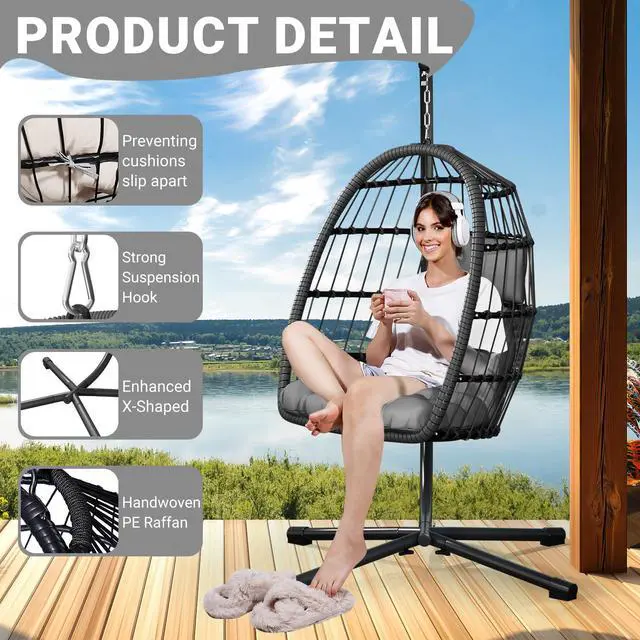 Alt view image 5 of 6 - LEVELEVE Egg Chair with Stand,Patio Rattan Wicker Hanging Swing Egg Chair Hammock Chair for Bedroom Porch Garden,Thickened Aluminum Alloy Steel Frame and UV Resistant Cushion,350LBS Capacity