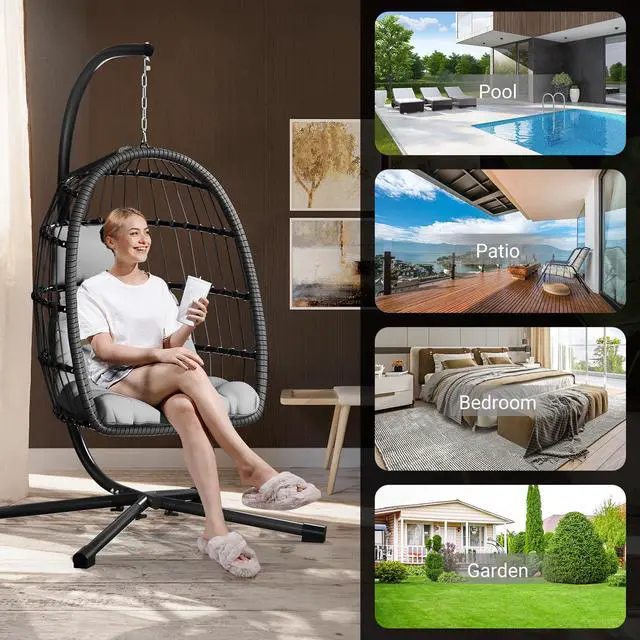 Alt view image 6 of 6 - LEVELEVE Egg Chair with Stand,Patio Rattan Wicker Hanging Swing Egg Chair Hammock Chair for Bedroom Porch Garden,Thickened Aluminum Alloy Steel Frame and UV Resistant Cushion,350LBS Capacity