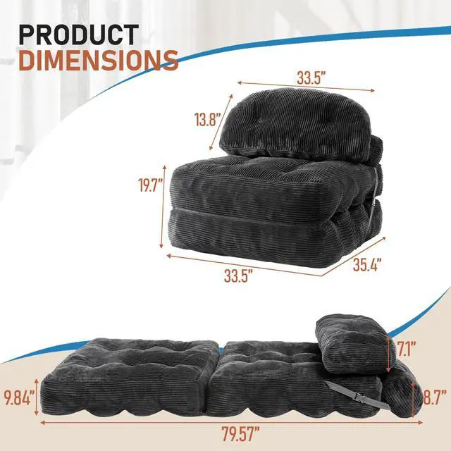 Alt view image 2 of 7 - Vellorise Folding Sofa Bed, Convertible Sleeper Chair with Back Support and Pillow Futon,Boneless Foldable Couch for Living Room/Guest Use/Home Office, Foldable Chair Bed for Adults, Dark Gray