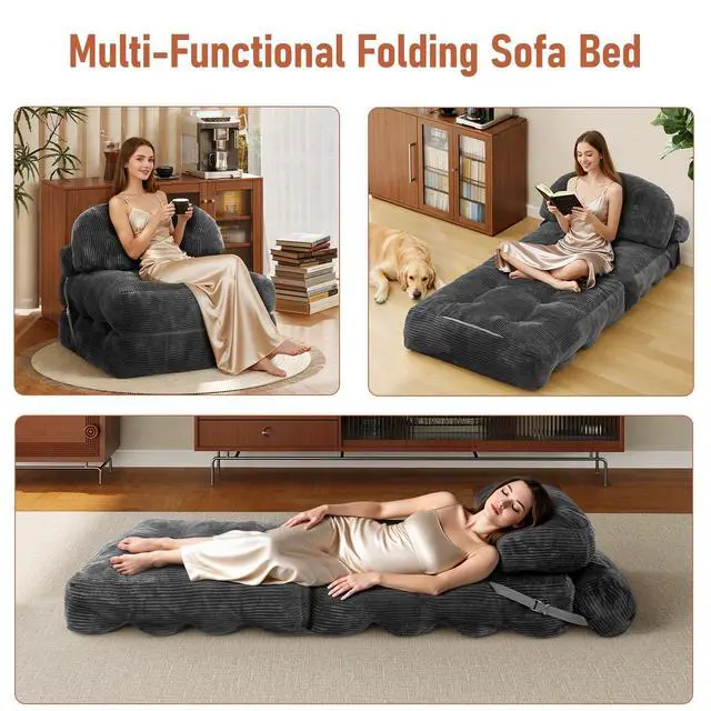 Alt view image 3 of 7 - Vellorise Folding Sofa Bed, Convertible Sleeper Chair with Back Support and Pillow Futon,Boneless Foldable Couch for Living Room/Guest Use/Home Office, Foldable Chair Bed for Adults, Dark Gray