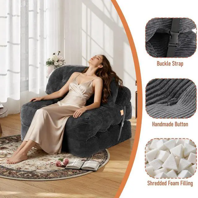 Alt view image 5 of 7 - Vellorise Folding Sofa Bed, Convertible Sleeper Chair with Back Support and Pillow Futon,Boneless Foldable Couch for Living Room/Guest Use/Home Office, Foldable Chair Bed for Adults, Dark Gray