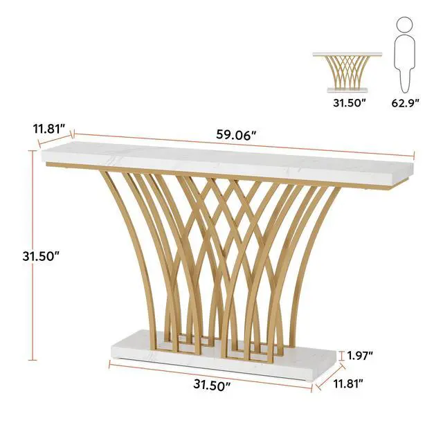 Alt view image 4 of 7 - Tribesigns 59 inch Gold Console Table, Modern Entryway Table with Grid-Shaped Metal Base for Entrance, Hallway, Entryway, Living Room(White Faux Marble & Gold)
