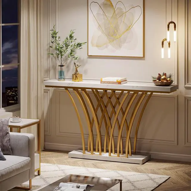 Alt view image 2 of 7 - Tribesigns 59 inch Gold Console Table, Modern Entryway Table with Grid-Shaped Metal Base for Entrance, Hallway, Entryway, Living Room(White Faux Marble & Gold)