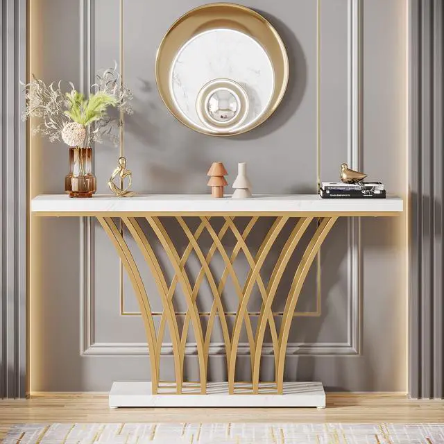 Alt view image 3 of 7 - Tribesigns 59 inch Gold Console Table, Modern Entryway Table with Grid-Shaped Metal Base for Entrance, Hallway, Entryway, Living Room(White Faux Marble & Gold)