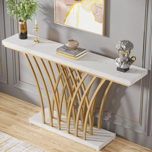 Alt view image 5 of 7 - Tribesigns 59 inch Gold Console Table, Modern Entryway Table with Grid-Shaped Metal Base for Entrance, Hallway, Entryway, Living Room(White Faux Marble & Gold)