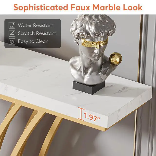 Alt view image 6 of 7 - Tribesigns 59 inch Gold Console Table, Modern Entryway Table with Grid-Shaped Metal Base for Entrance, Hallway, Entryway, Living Room(White Faux Marble & Gold)