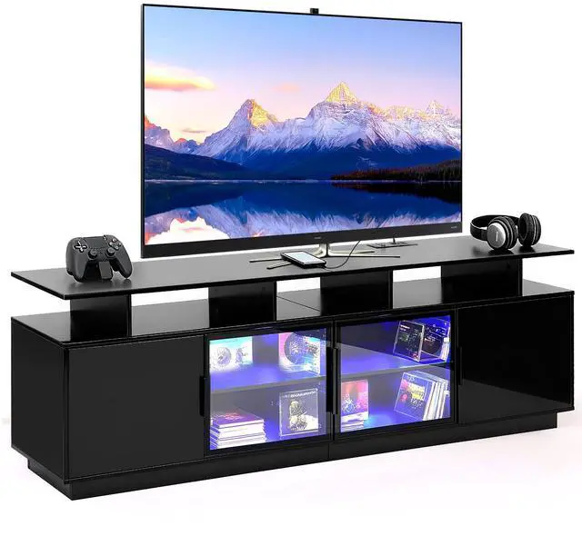 Main image of ansefe 70 Inch Black TV Stand for Living Room, LED Entertainment Center for Gaming, Modern TV Cabinet Console, Transparent Glass Door Storage Cabinet