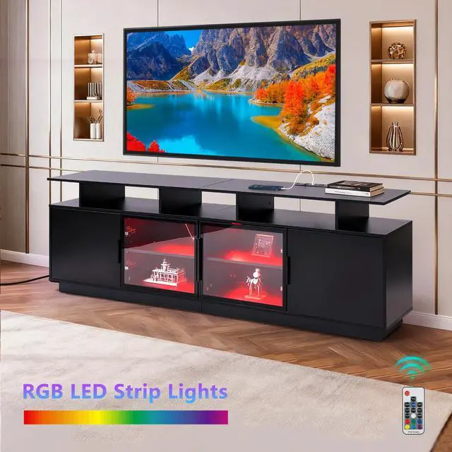 Alt view image 2 of 7 - ansefe 70 Inch Black TV Stand for Living Room, LED Entertainment Center for Gaming, Modern TV Cabinet Console, Transparent Glass Door Storage Cabinet
