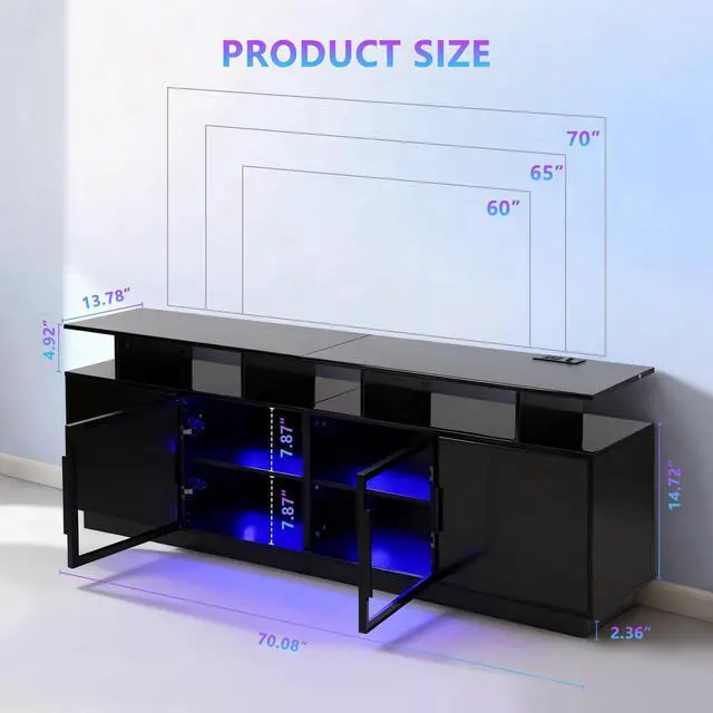 Alt view image 3 of 7 - ansefe 70 Inch Black TV Stand for Living Room, LED Entertainment Center for Gaming, Modern TV Cabinet Console, Transparent Glass Door Storage Cabinet