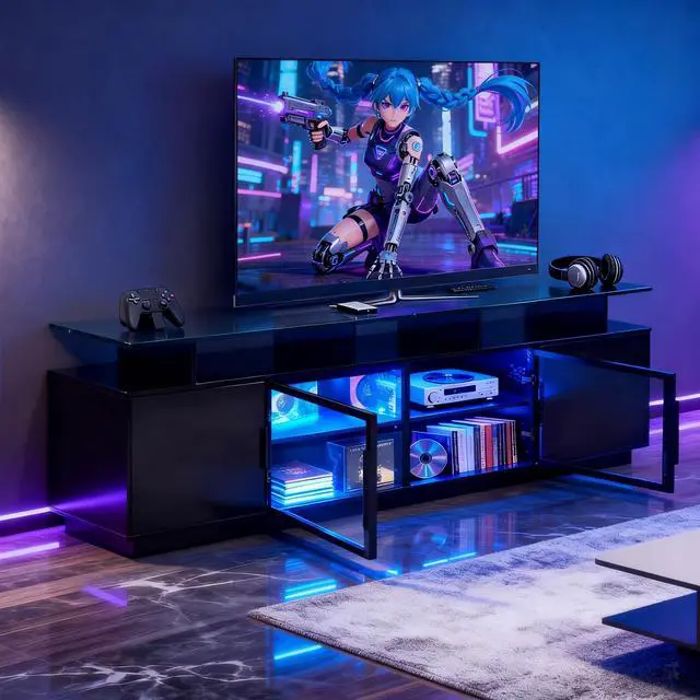 Alt view image 5 of 7 - ansefe 70 Inch Black TV Stand for Living Room, LED Entertainment Center for Gaming, Modern TV Cabinet Console, Transparent Glass Door Storage Cabinet