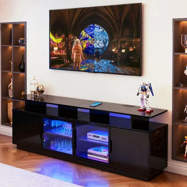 Alt view image 7 of 7 - ansefe 70 Inch Black TV Stand for Living Room, LED Entertainment Center for Gaming, Modern TV Cabinet Console, Transparent Glass Door Storage Cabinet