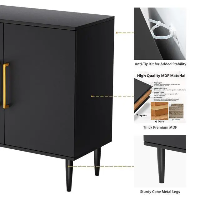 Alt view image 6 of 7 - Vrullu Modern Storage Cabinet, Free Standing Buffet Cabinet, Black Sideboard and Buffet Storage, Wood Accent Furniture for Living Room, Hallway, Entryway, Dining Room (1, Black)