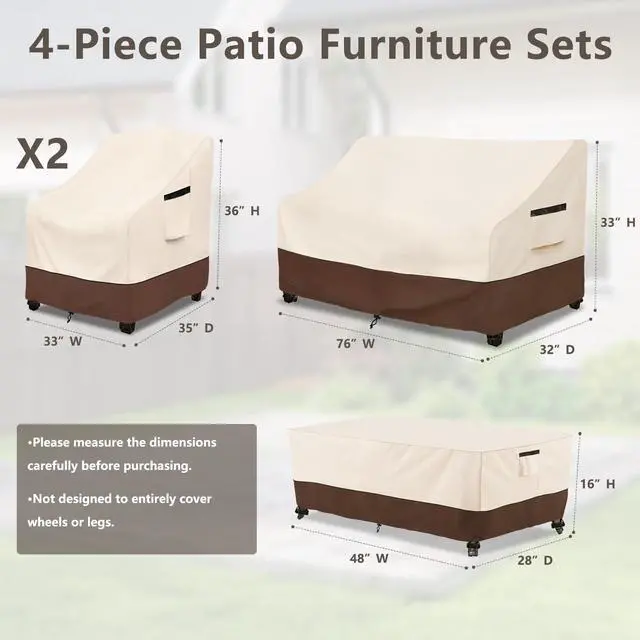 Alt view image 2 of 7 - Rileytee Patio Furniture Set Covers, 4 Pcs 600D Heavy Duty 100% Waterproof Outdoor Furniture Cover, Fit Patio Loveseat, Chair and Coffee Table (Beige & Brown,Large)