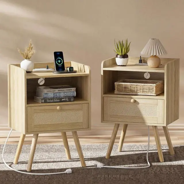 Main image of SUPERJARE Nightstands Set of 2, Night Stands with Charging Station & PE Rattan Decor Drawer, Bed Side Tables with Solid Wood Feet, End Table, for Bedroom, Living Room - Natural