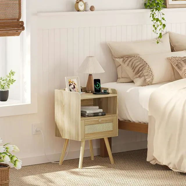 Alt view image 2 of 7 - SUPERJARE Nightstands Set of 2, Night Stands with Charging Station & PE Rattan Decor Drawer, Bed Side Tables with Solid Wood Feet, End Table, for Bedroom, Living Room - Natural