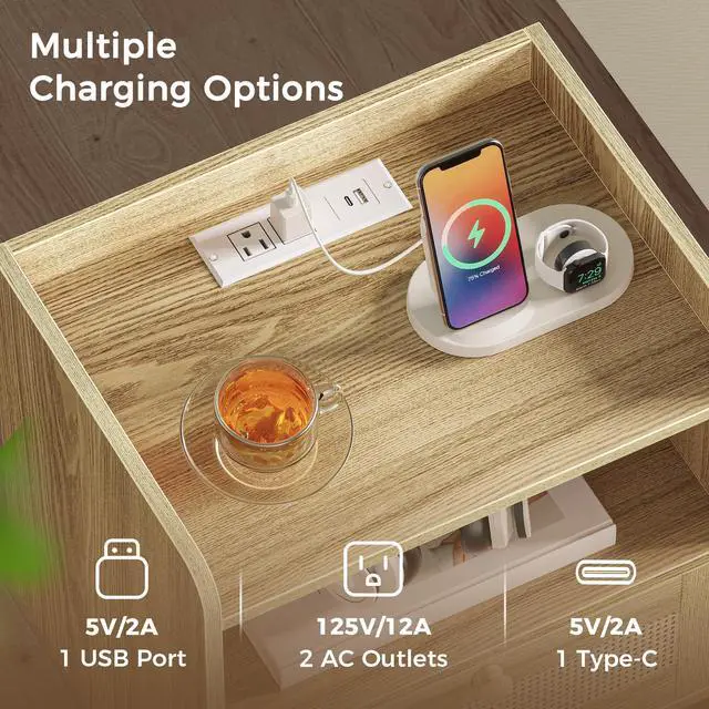 Alt view image 3 of 7 - SUPERJARE Nightstands Set of 2, Night Stands with Charging Station & PE Rattan Decor Drawer, Bed Side Tables with Solid Wood Feet, End Table, for Bedroom, Living Room - Natural