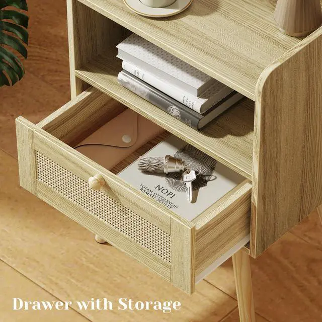 Alt view image 4 of 7 - SUPERJARE Nightstands Set of 2, Night Stands with Charging Station & PE Rattan Decor Drawer, Bed Side Tables with Solid Wood Feet, End Table, for Bedroom, Living Room - Natural
