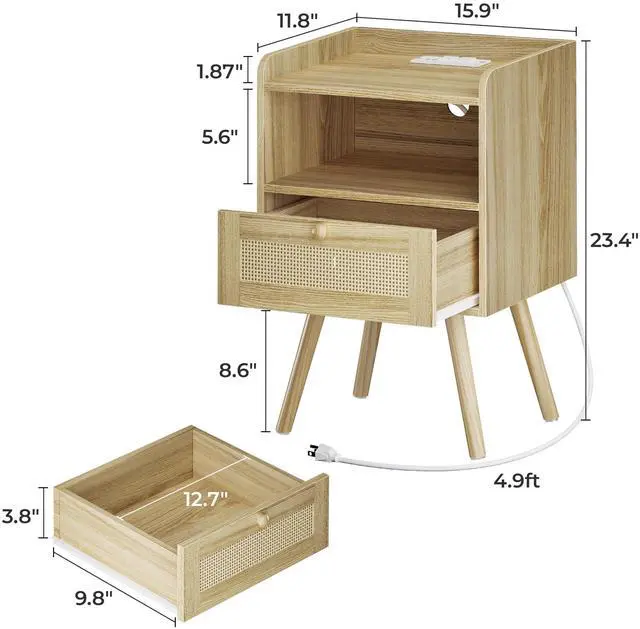 Alt view image 5 of 7 - SUPERJARE Nightstands Set of 2, Night Stands with Charging Station & PE Rattan Decor Drawer, Bed Side Tables with Solid Wood Feet, End Table, for Bedroom, Living Room - Natural