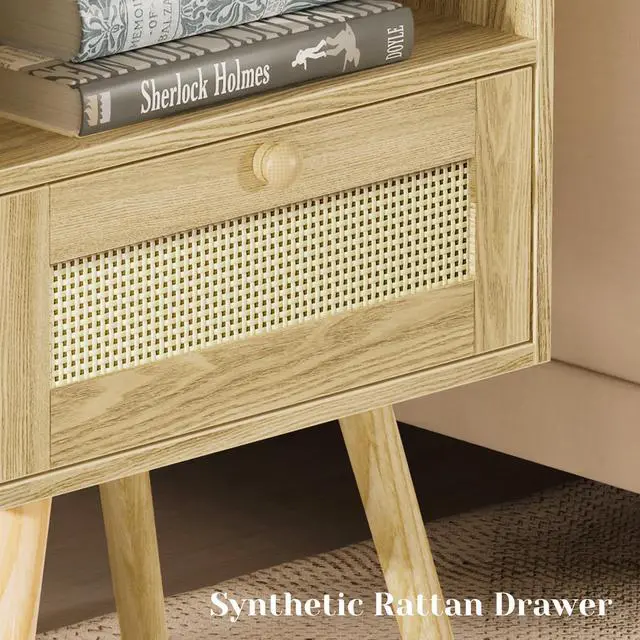 Alt view image 6 of 7 - SUPERJARE Nightstands Set of 2, Night Stands with Charging Station & PE Rattan Decor Drawer, Bed Side Tables with Solid Wood Feet, End Table, for Bedroom, Living Room - Natural