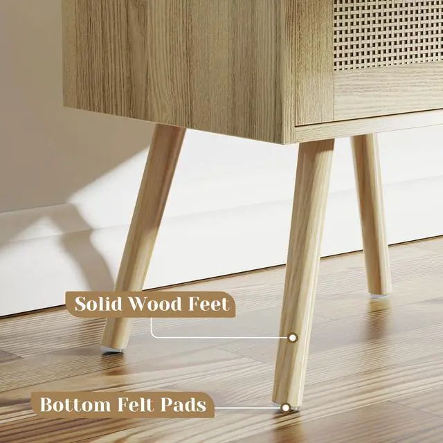 Alt view image 7 of 7 - SUPERJARE Nightstands Set of 2, Night Stands with Charging Station & PE Rattan Decor Drawer, Bed Side Tables with Solid Wood Feet, End Table, for Bedroom, Living Room - Natural