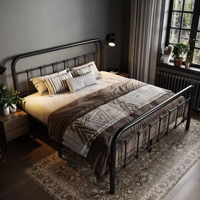 Alt view image 2 of 6 - Allewie Queen Size Metal Platform Bed Frame with Victorian Style Wrought Iron-Art Headboard/Footboard, No Box Spring Required, Black