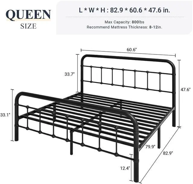 Alt view image 6 of 6 - Allewie Queen Size Metal Platform Bed Frame with Victorian Style Wrought Iron-Art Headboard/Footboard, No Box Spring Required, Black