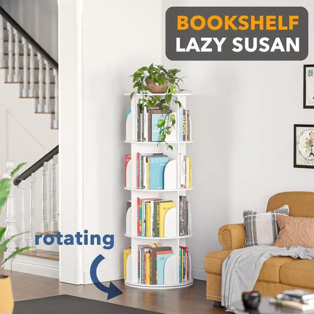 Alt view image 3 of 7 - SpaceAid 4 Tier Rotating Bookshelf Tower, Spinning Bookcase Lazy Susan, Revolving 360 Book Shelf Storage Round Carousel, Vertical Rotate Turning Spiral Corner Organizer, White