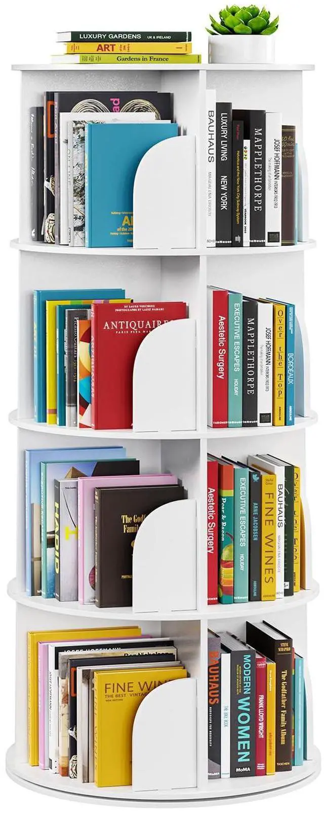 Main image of SpaceAid 4 Tier Rotating Bookshelf Tower, Spinning Bookcase Lazy Susan, Revolving 360 Book Shelf Storage Round Carousel, Vertical Rotate Turning Spiral Corner Organizer, White