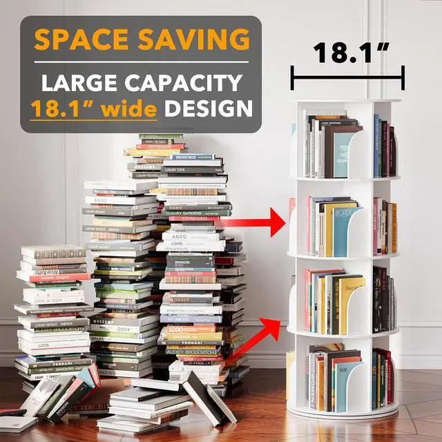 Alt view image 2 of 7 - SpaceAid 4 Tier Rotating Bookshelf Tower, Spinning Bookcase Lazy Susan, Revolving 360 Book Shelf Storage Round Carousel, Vertical Rotate Turning Spiral Corner Organizer, White