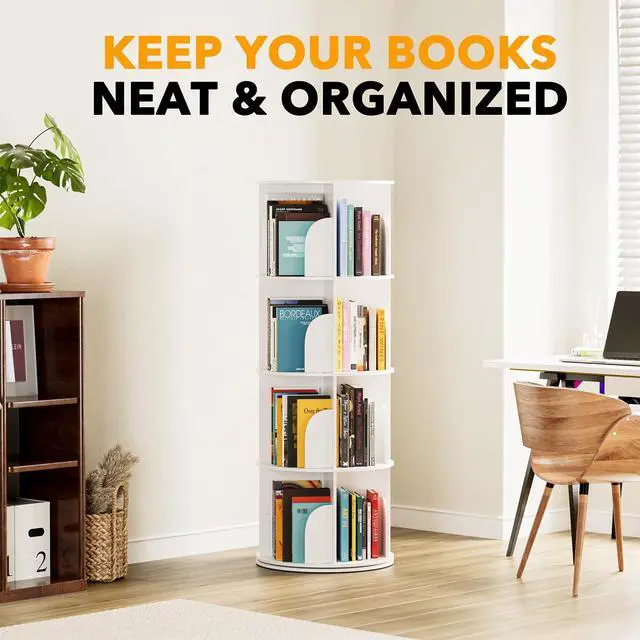 Alt view image 6 of 7 - SpaceAid 4 Tier Rotating Bookshelf Tower, Spinning Bookcase Lazy Susan, Revolving 360 Book Shelf Storage Round Carousel, Vertical Rotate Turning Spiral Corner Organizer, White