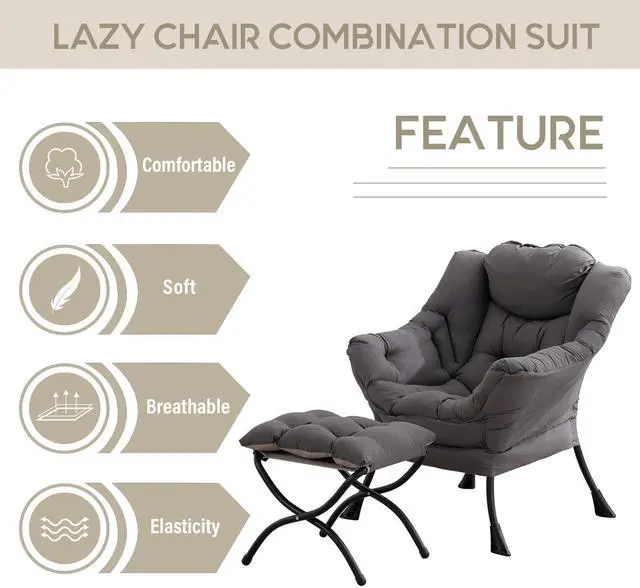 Alt view image 3 of 7 - LITA Lazy Chair with Ottoman, Modern Accent Leisure Upholstered Lazy Sofa Armchair, Contemporary Lounge Reading Chair with Armrests and a Side Pocket for Living Room, Bedroom & Small Space, Dark Grey