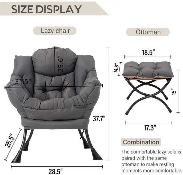 Alt view image 4 of 7 - LITA Lazy Chair with Ottoman, Modern Accent Leisure Upholstered Lazy Sofa Armchair, Contemporary Lounge Reading Chair with Armrests and a Side Pocket for Living Room, Bedroom & Small Space, Dark Grey