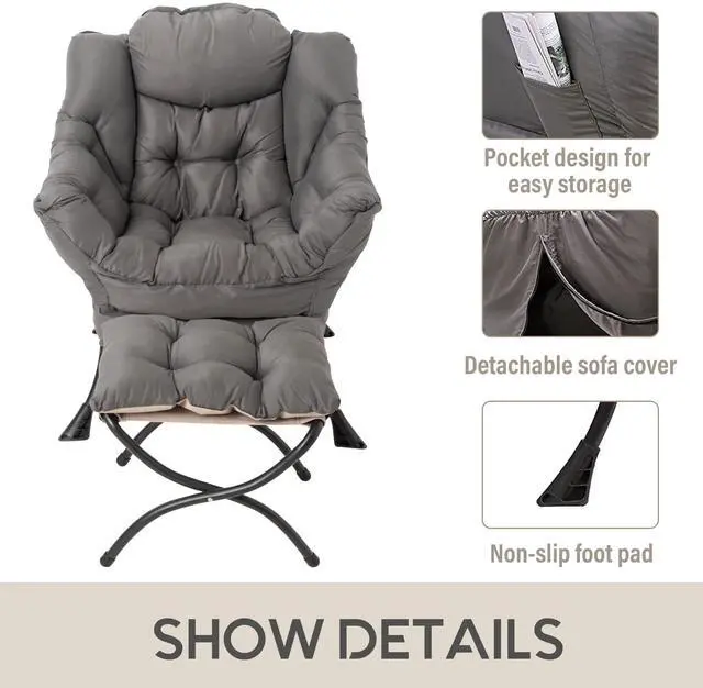 Alt view image 6 of 7 - LITA Lazy Chair with Ottoman, Modern Accent Leisure Upholstered Lazy Sofa Armchair, Contemporary Lounge Reading Chair with Armrests and a Side Pocket for Living Room, Bedroom & Small Space, Dark Grey