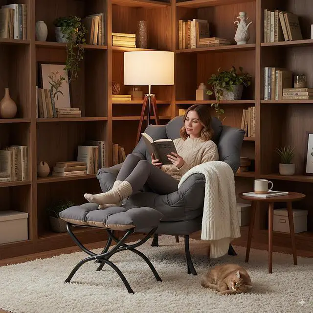 Alt view image 7 of 7 - LITA Lazy Chair with Ottoman, Modern Accent Leisure Upholstered Lazy Sofa Armchair, Contemporary Lounge Reading Chair with Armrests and a Side Pocket for Living Room, Bedroom & Small Space, Dark Grey