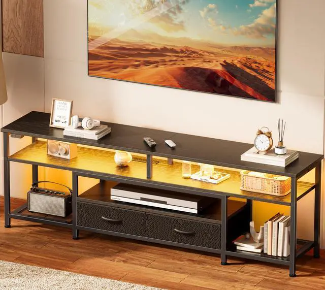 Main image of Huuger 63 Inch LED TV Stand for 65 70 Inch TV, Entertainment Center with Open Shelves and Power Outlets, TV Console for Living Room, Media Console with Drawers, Black