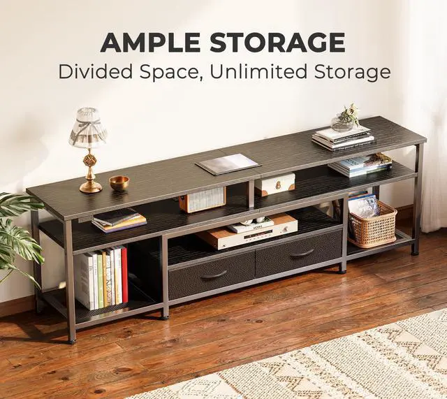 Alt view image 4 of 7 - Huuger 63 Inch LED TV Stand for 65 70 Inch TV, Entertainment Center with Open Shelves and Power Outlets, TV Console for Living Room, Media Console with Drawers, Black