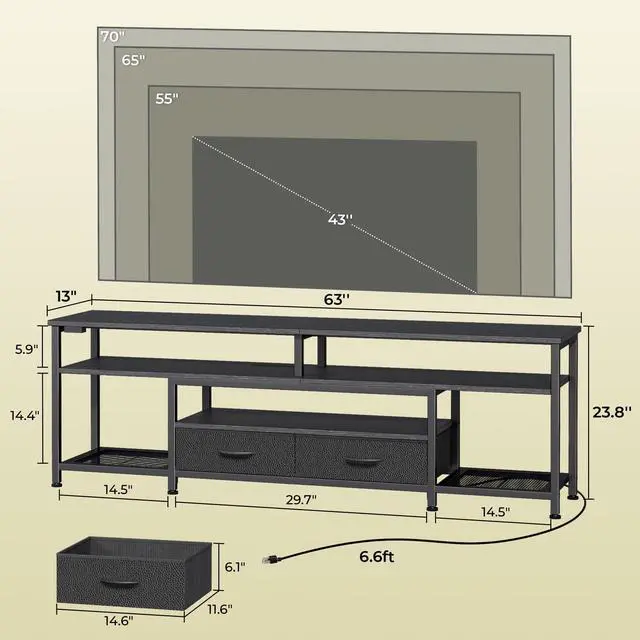 Alt view image 6 of 7 - Huuger 63 Inch LED TV Stand for 65 70 Inch TV, Entertainment Center with Open Shelves and Power Outlets, TV Console for Living Room, Media Console with Drawers, Black